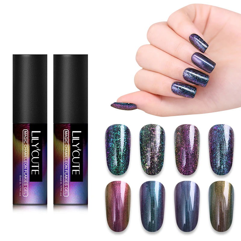 LILYCUTE نقع قبالة الأشعة فوق البنفسجية هلام البولندية 5 ml الحرباء Flakies جيل للأظافر ورنيش مسمار الفن مانيكير مسمار الفن هلام أسود قاعدة تحتاج