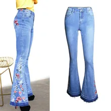 Европейский стиль цветок вышивка джинсы для женщин Мода Высокая талия плюс размер женские джинсовые расклешенные женские брюки p768