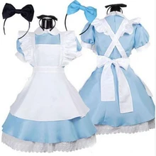 Косплей для девочек на Хэллоуин, Женский костюм Алисы в стране чудес, аниме, косплей, одежда для горничной, синее вечернее платье с бантом, костюм Лолиты
