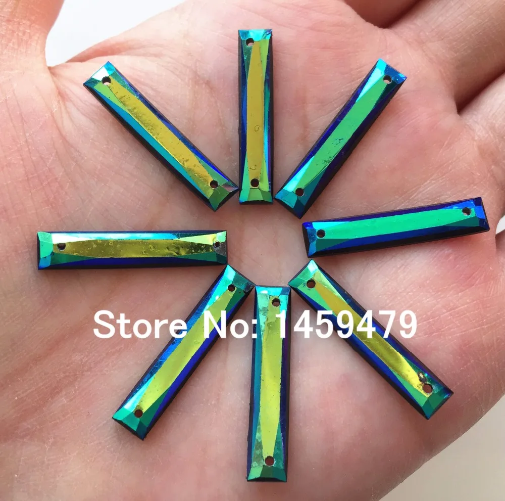 

2 Holes Loose Rhinestones Acrylic Rectangle Deep Blue AB Color 50pcs 5X25mm Resin Sewing For Garments Bags Hats Accessories