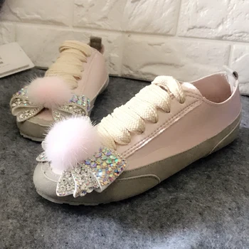

2019 spring Korean satin rhinestone bow fur casual shoes with wild flat shoes women