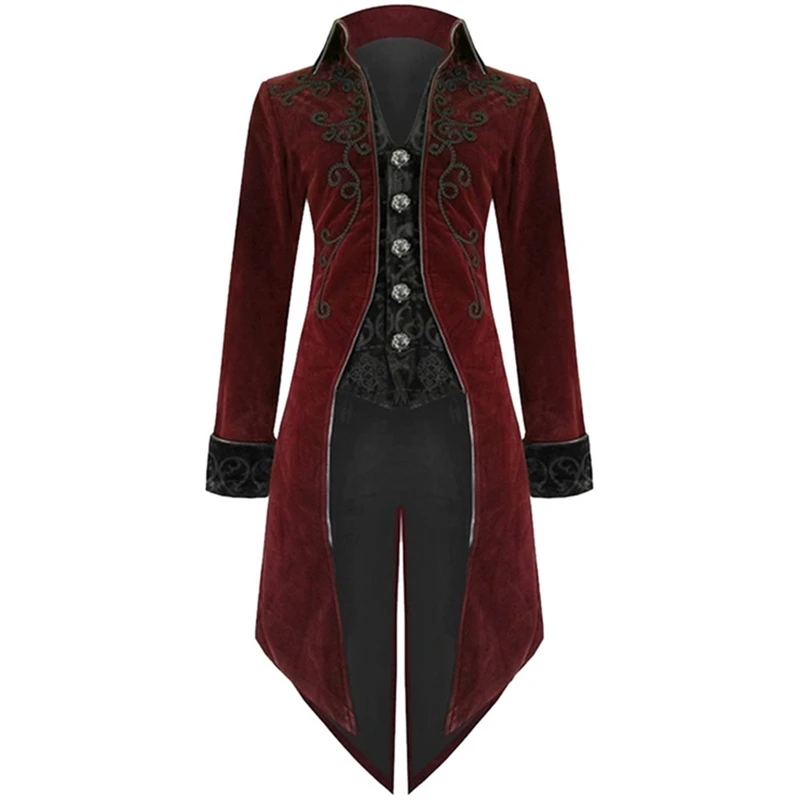 WENYUJH Fashion Men Coat Vintage Swallowtail Stage Long Jacket Gothic Steampunk Lapel Uniform Outwear Button Dovetail Outwear - Цвет: Red