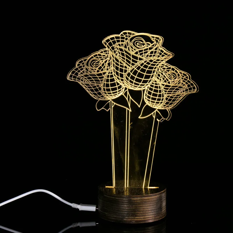 

3D Visualization Unique Rose Lighting Effects Optical Illusion Home Decor LED Table Lamp Birthday Valentines Day Gift #G