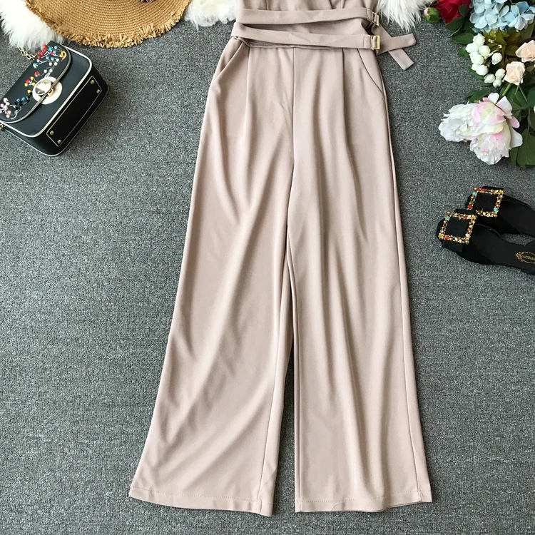 Sleeveless V-neck High Waist Sashes Wide Leg Jumpsuit