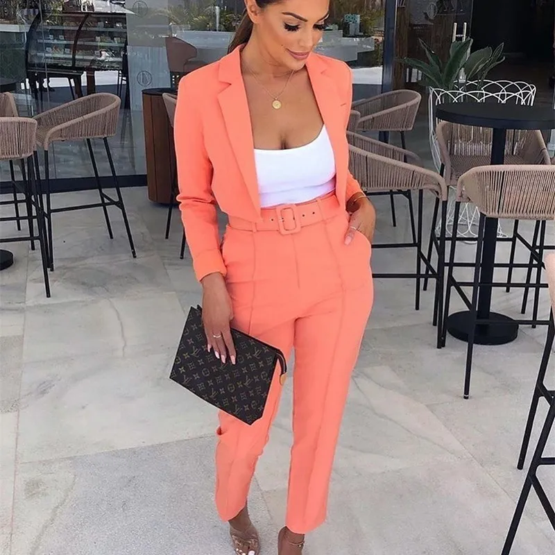 Causey Casual Women Suits Office Sets Fluorescence Neon Green Suit Women 2019 Crop Top And Pant Suits For Women Blazer Set