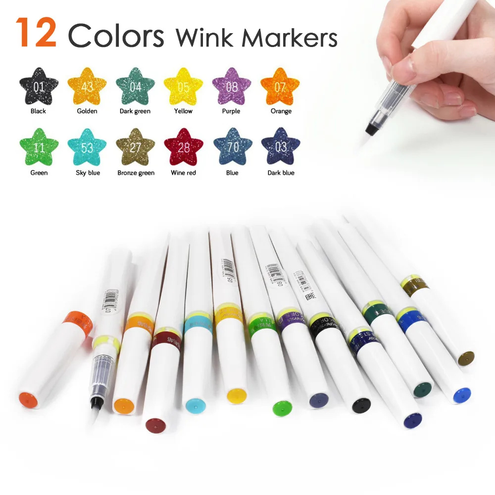12 Colors Glitter Marker Pen Set Nylon Sketch Brush Pen 16CM Wink