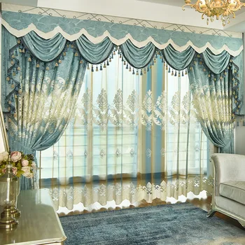 

European luxury light blue embroidered Blackout Polyester Cotton curtains for Bedroom window curtains Living Room luxury drapes