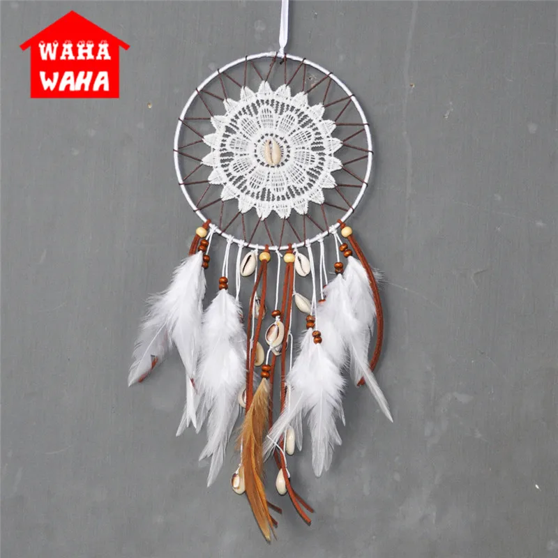 

Nordic White Dream Catcher Lace Flower Shell Wind Chimes Folk Style Feather Dream Catcher Kids Room Decoration Habitacion Decor