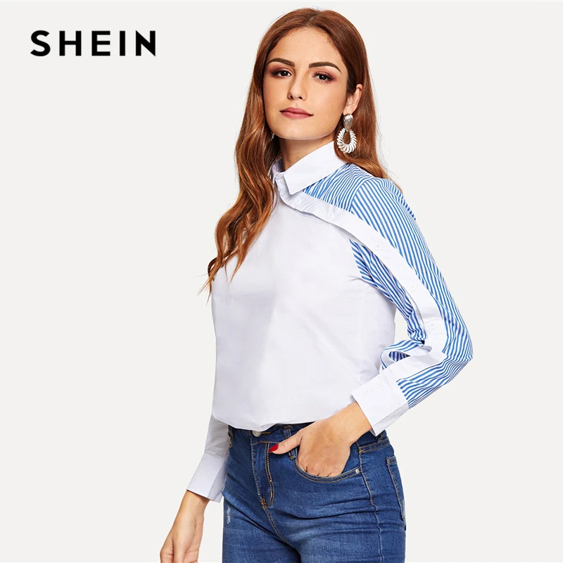  SHEIN White Striped Button Decoration Shirt Classy Blouse Women Summer Autumn Asymmetric Placket Tu