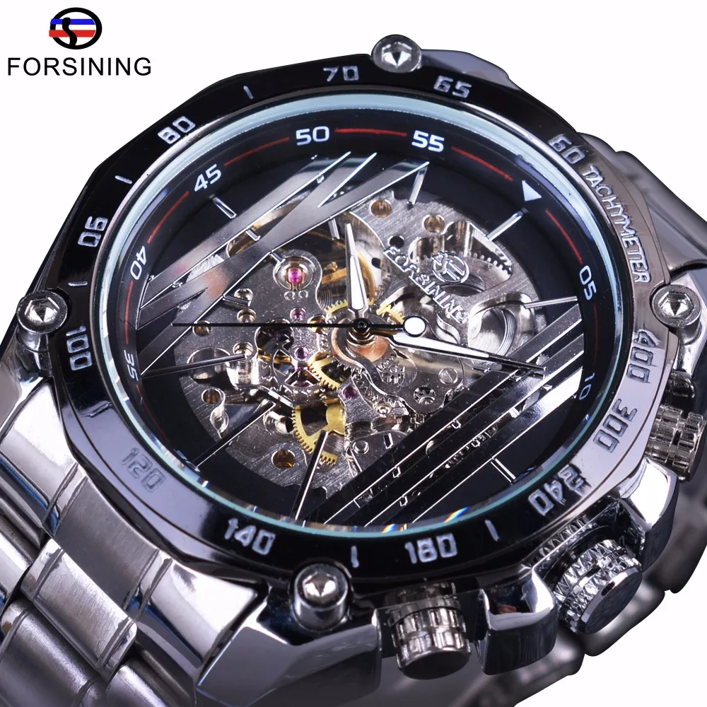 Esqueleto de Aço Inoxidável dos Homens Forsining Esporte Militar Design Automático Transparente Relógios Mecânicos Marca Superior Luxo