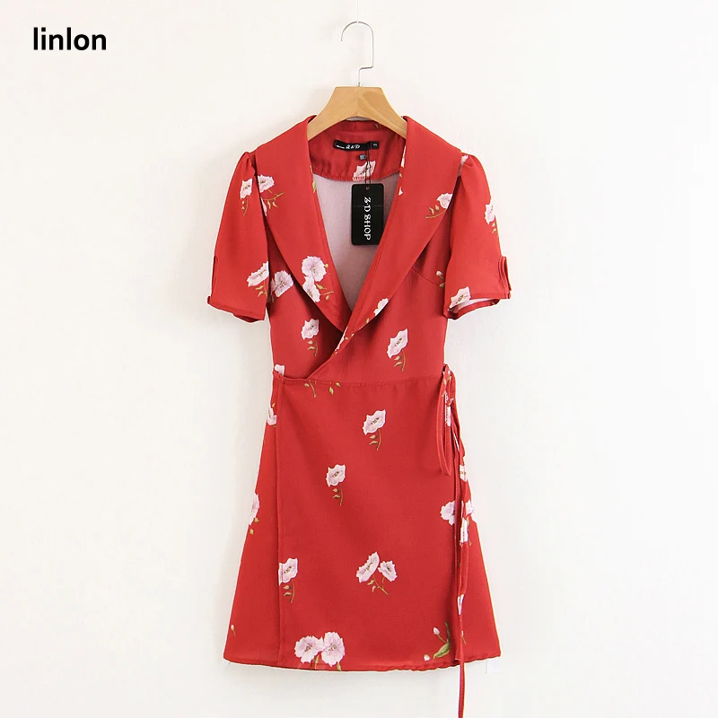 Linlon 2018 Новый V шеи Цветочный принт Асимметричная Элегантный Vestidos Обёрточная