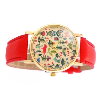 

SG1251 Golden Case Women Quartz Watch with Leather Strap Flower and Animal Face red