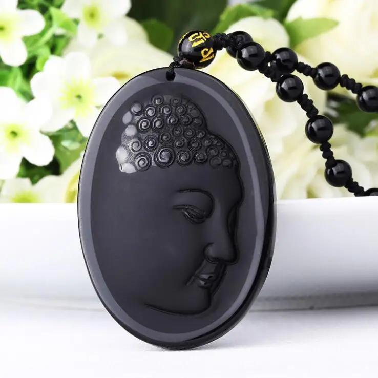 

100% Natural obsidian hand carved Buddha lucky amulet pendant+Beads necklace