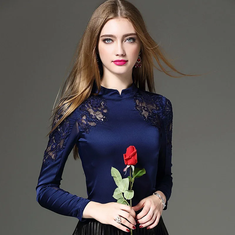 

1 pcs Ladies blouses tops 2018 Winter Velour Lace splicing Hollow out stand collar Primer shirt women Skinny Sexy shirts Girls
