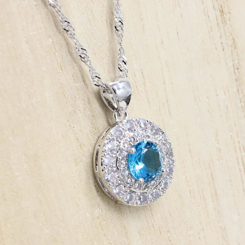 Небесно-голубые камни 925 серебряные ювелирные наборы для женщин круглая подвеска обручальные кольца серьги браслеты ювелирные изделия подарочная коробка
