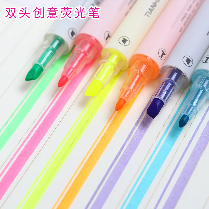 

6pcs/set Creative double fluorescent pen color thick suit highlight marker study office flash pen school markers