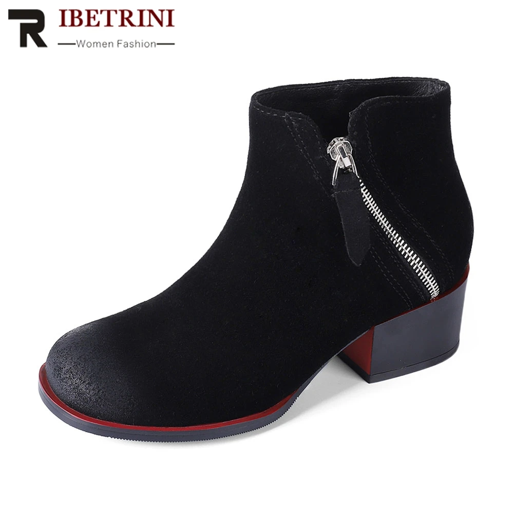 

RIBETRINI 2018 autumn winter new female ladies shoes genuine leather thick heels zipper closure ankle boots large size 33-43
