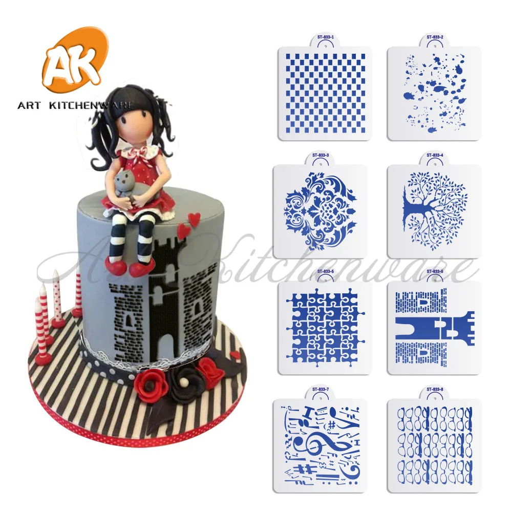 

New 8pcs/set Castle Cake Stencil Set Design Plastic Template for Fondant Cake Decoration Cookies Decorating Stencil Tool ST-833