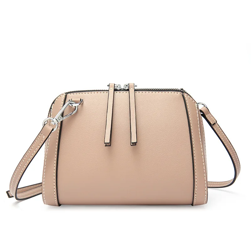 Women's Korean fashion leather double zipper shoulder bag Cross section square leather shell zipper Messenger bag