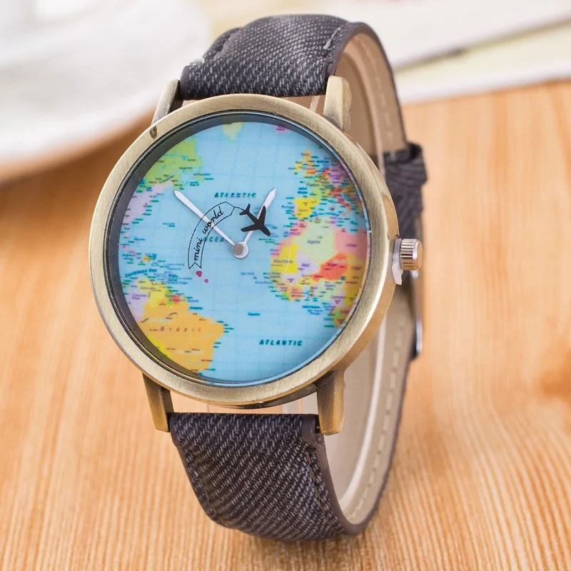 

By plane Global Travel Map Watches Iovers watches Fashion Casual Denim Fabric Dress Sports Quartz Wrist Watch Chasy Zhenskiye