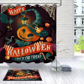 

LB Halloween Pumpkin Man with Witch Hat And Cloak Waterproof Polyester Shower Curtain And Mat Bathroom Fabric For Bathtub Decor