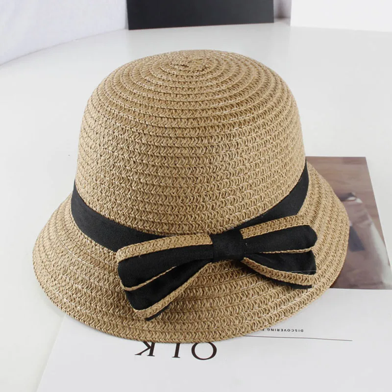 Летняя соломенная шляпа с бантом для маленьких девочек; детская Солнцезащитная шляпа для девочек и мальчиков; детская пляжная Панама; Кепка для фотосессии - Цвет: style 1 coffee
