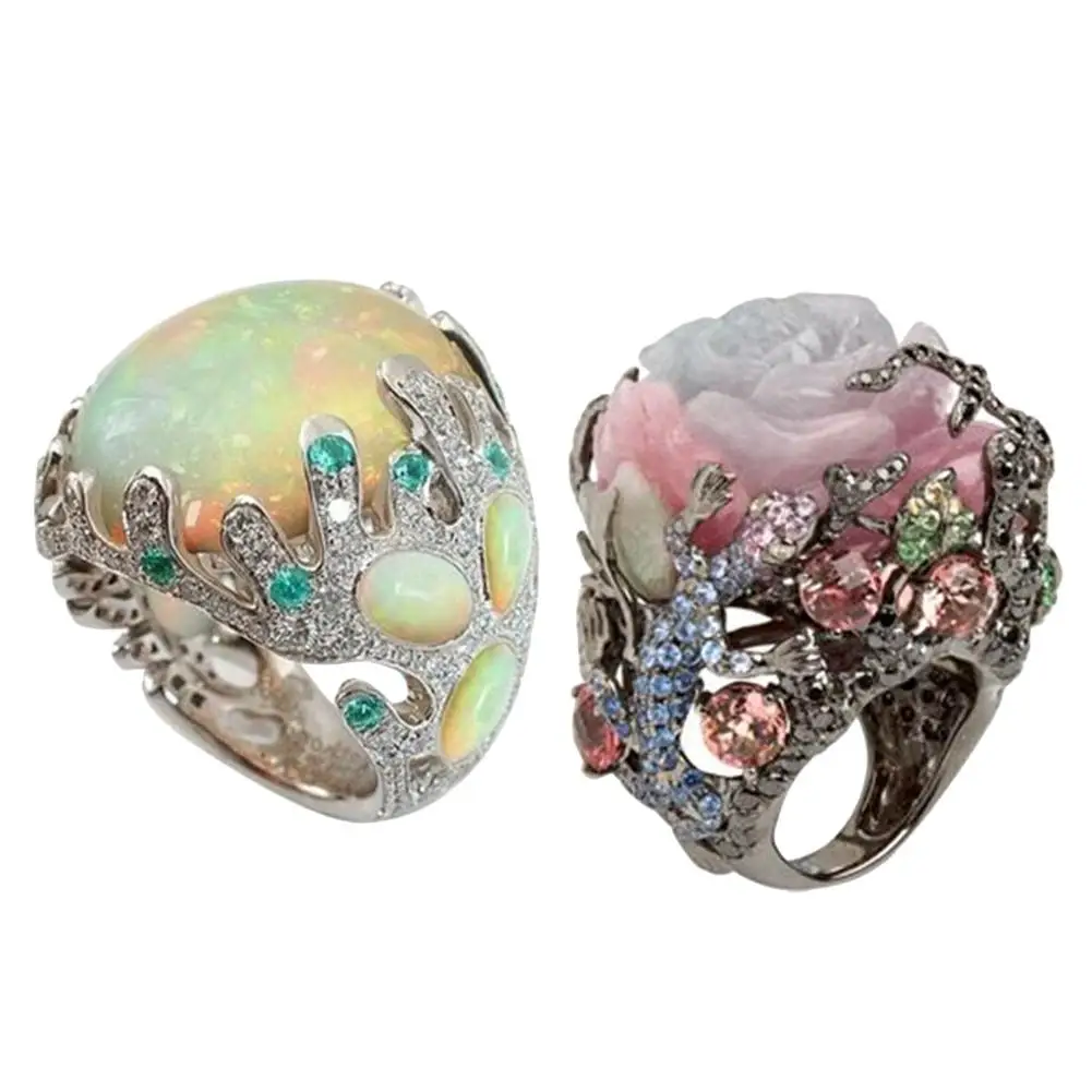 

Fashion Women Multicolor Big Oval Faux Moonstone Carved Flowers Finger Ring Jewelry