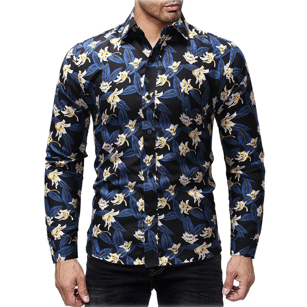 Fashion Mens Luxury Casual Stylish Floral Slim Fit Long Sleeve Casual Dress Shirts Black