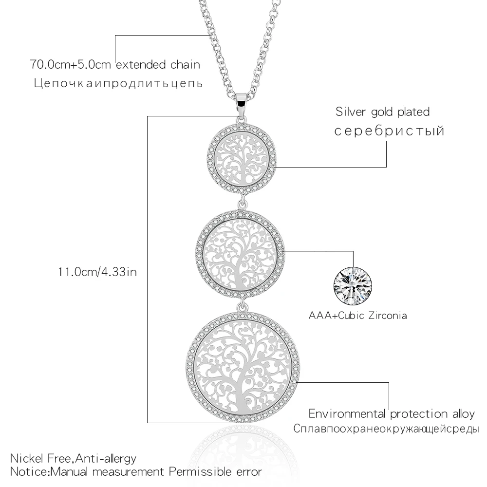 Древо жизни Цепочки и ожерелья для Для женщин украшения 3 раундов латунь кулон с камнями Кристалл Черный Цвет заявление Цепочки и ожерелья s& подвески