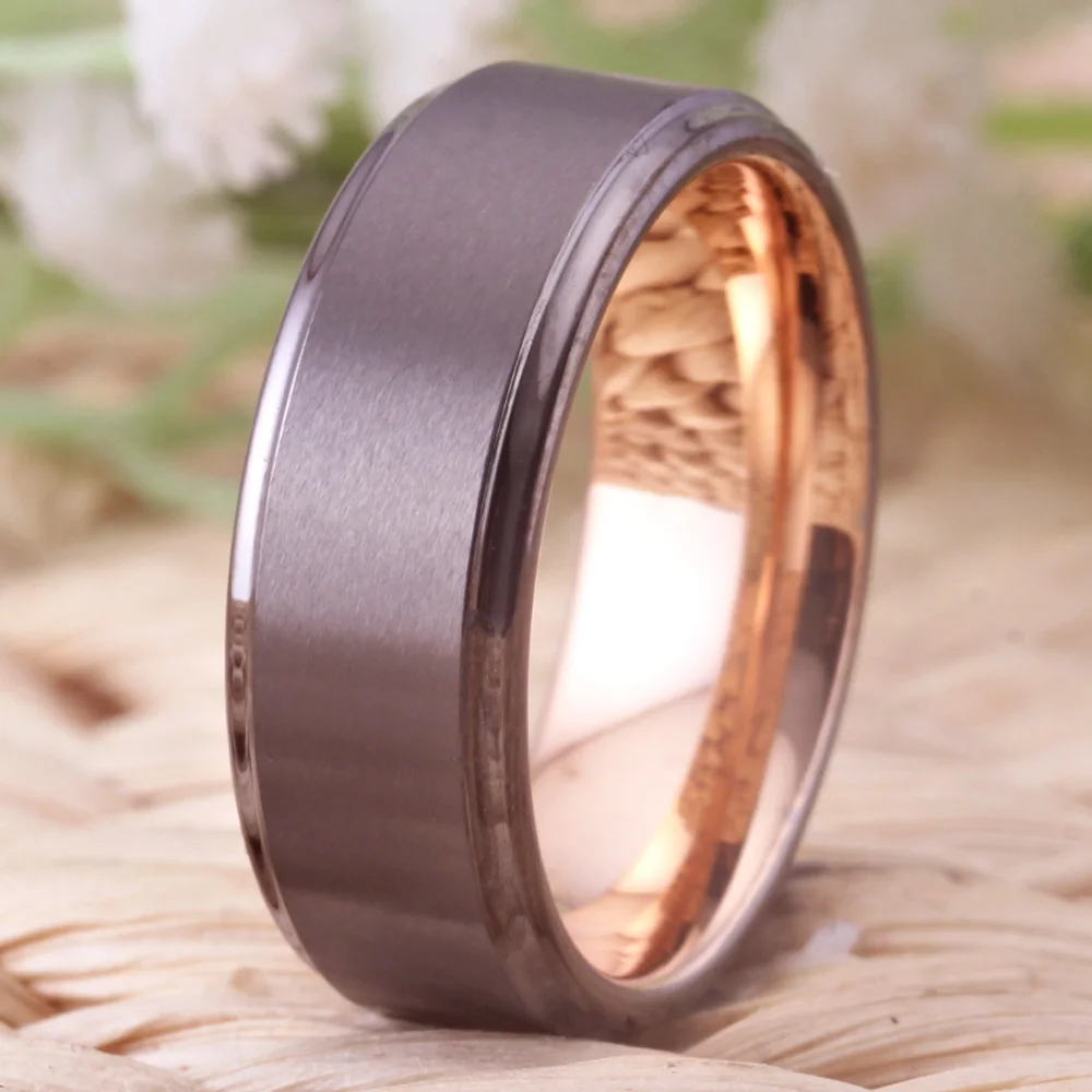 8mm Women Men's jewelry Gunmetal Tungsten Ring Rose Golden inside Wedding Band Engagement Ring Free Shipping Anniversary Gift