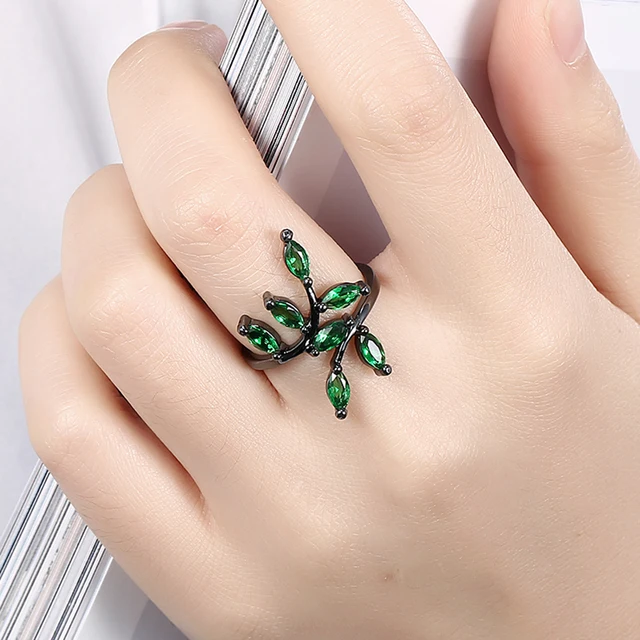 URORU Ring, Tree Shaped Blue & Green Crystal Rings For Women Wedding Vintage Black Gold Filled White AAA Zircon Ring