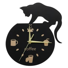 

Silent Cartoon Wall Clock Cute Climbing Cat For Drinking Coffee Clock Wall Decoration Cup Coffee Clock Living Room Home Decor