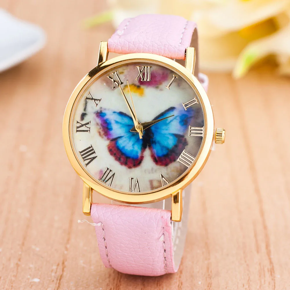 

Womens Fashion Butterfly Style Leather Band Analog Quartz Wrist Watch Ladies Cheap Gift Watch Female Causal Clock Relogio Femini