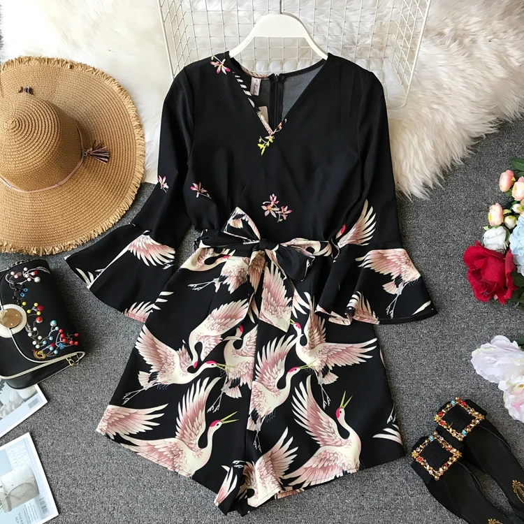 

NiceMix 2019 Summer Spring Fashion Black Color Crane Print Ruffles V Neck With Sashes Mini Rompers Women Shirt Rompers Vestidos