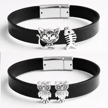 Высокое качество Рождественская елка сова кошка Морская звезда музыкальная башня пляж Винтаж Черный Кожаный Браслет Магнит SA505