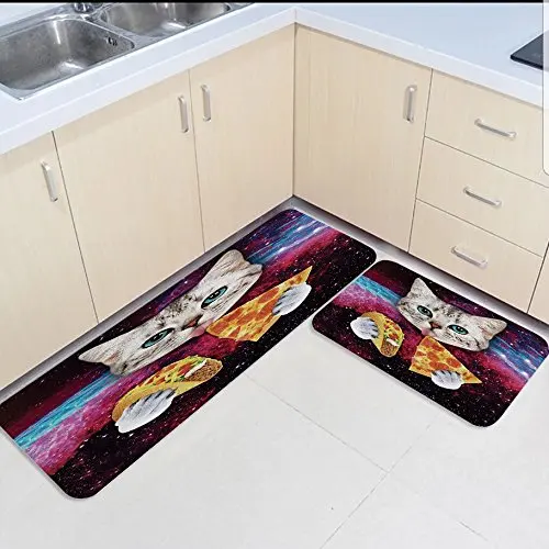 

2 Piece Kitchen Mats and Rugs Set Funny Star Cat Eating Pizza Home Decorate Non Skid Bedroom Living Room Doormats