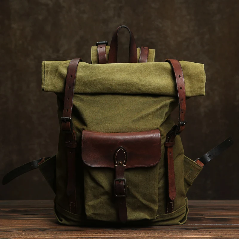 

World War II Repeated Engraving Vintage Canvas Bag Man Handmade Leather Backpack Outdoor Travel Bag Computer Schoolbag Military