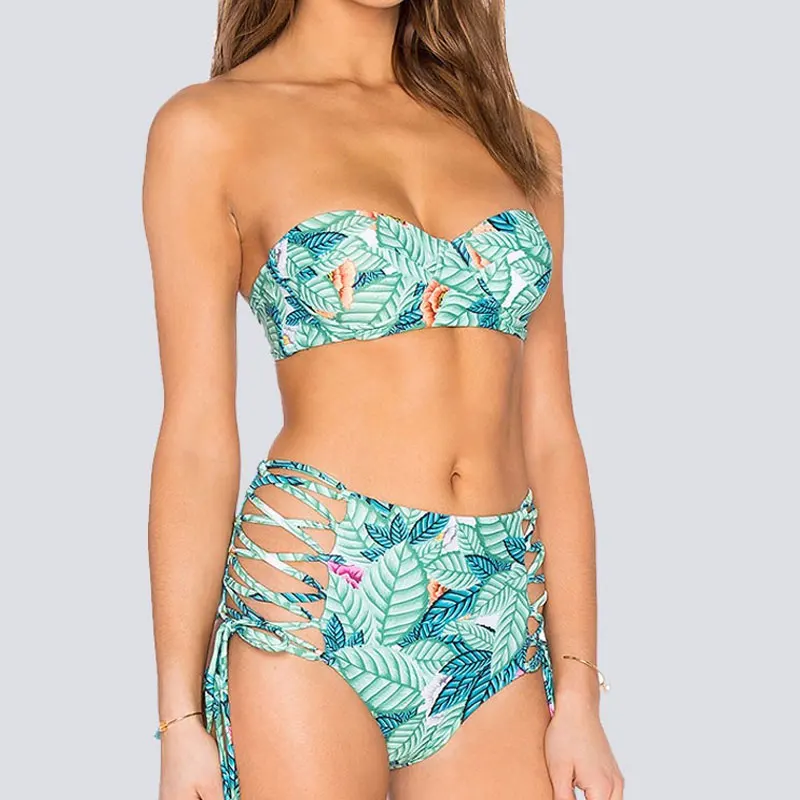 

2017 Push Up Bikini Bandeau Bikini Swimwear Female Print Swimsuit Women's Swimming Suit High Waist Bathing Suits Bandage biquine