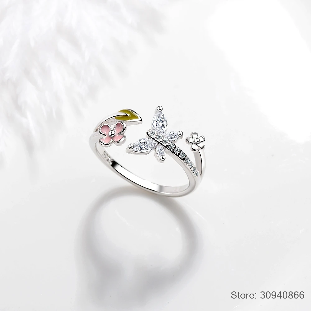LEKANI Новый Мода 100% Серебро 925 пробы Любовь Бабочка розовый цветок открытым кольца для женщин Свадебные серебряные ювелирные украшения