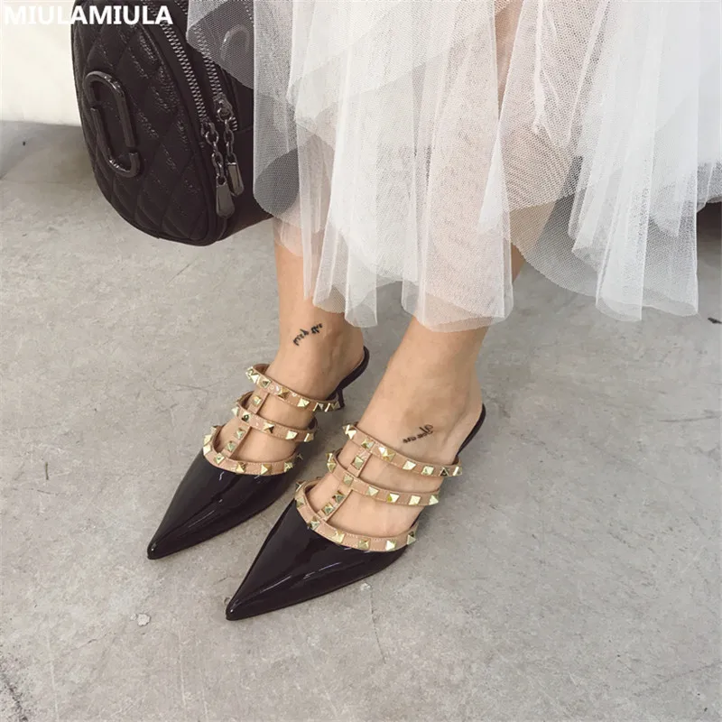 

MIULAMIULA Brand Desigers 2019 Summer Luxury Rivet Leather Point Shoes Lady Thin Med Kitten Heels Pumps Elegant Slip On Loafers