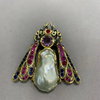 شراءالباروك لؤلؤ طبيعي من المياه النقية بروش قلادة مزدوجة استخدام 925 فضة الحشرات بروش شبه حجر كريم 7*6 سنتيمتر الموضة