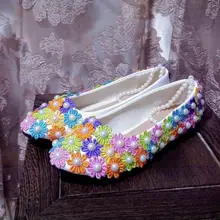 Большие размеры 41, 42, 43; Разноцветные Вечерние туфли на плоской подошве с кружевом и цветами; женские милые ботильоны с бисером; женские вечерние туфли для девушек