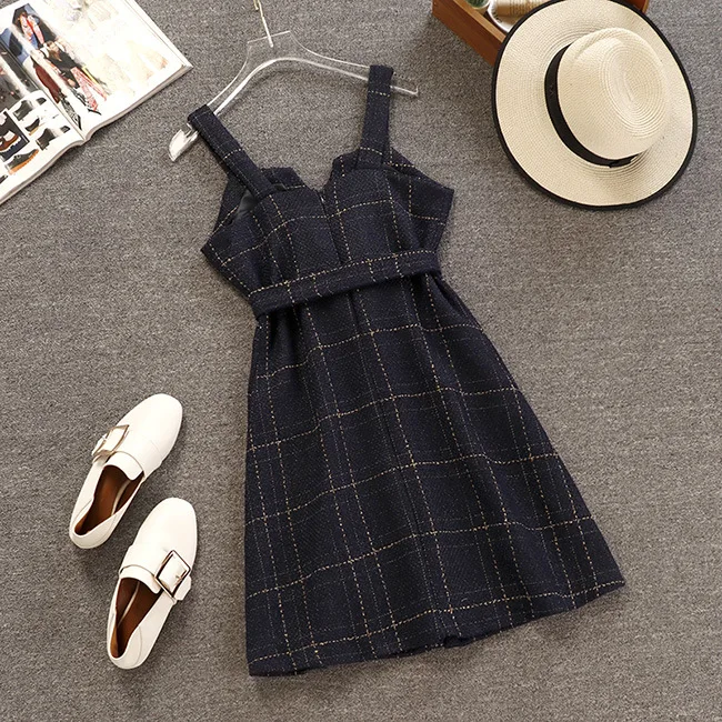 Blanc Tricoté Robe Longues Piece noir Treillis Manches Rétro Deux Mince Chandail bleu Suit À Bretelles Automne FwOqXzxS