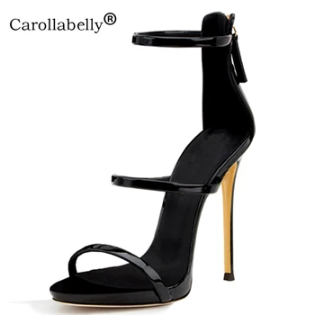 

Carollabelly New Three Straps High Heels Basic Strappy Heeled Dress Shoes Rose Gold Leather Shiny Blue Slim Platform Sandals
