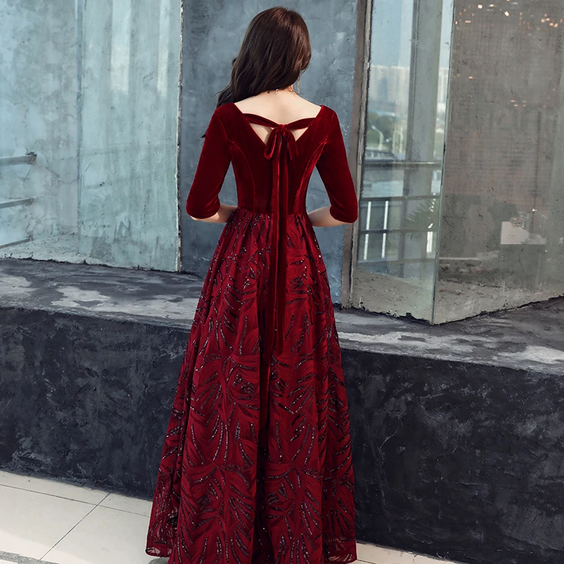 2019 Новый V шеи Длинные вечерние платья Robe De Soiree пикантные роскошный темно-красный блесток официальная Вечеринка платье платья для