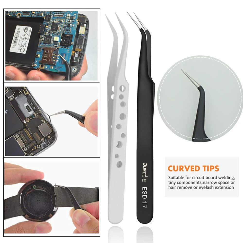 9 Pcs Tweezers Set Precision Antistatic Tip Curved Straight Stainless Steel Tweezers Nipper Electronic Mobile Phone Repair Tools