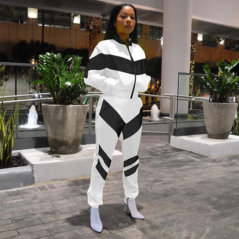 

Spring Casaul Tracksuit Women 2 Piece Set Zipper Top Pants 2pcs Striped Patchwork Sexy Sweatshirt Trousers Suits Sporting Outfit