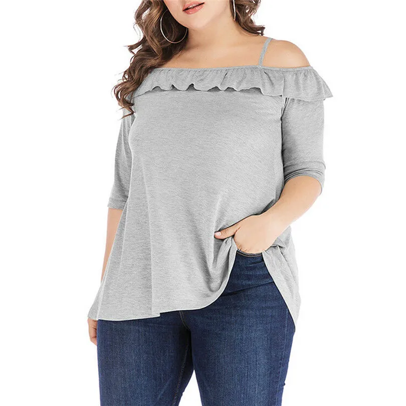 

KWAN_Vogue Solid Off Shoulder Ruffles Strap hanging neck design Half Sleeve Camis Women Plus Size friends women tshirt 2019 tee#