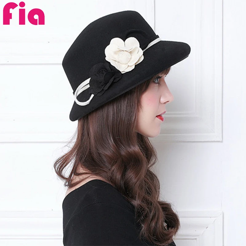 FIA Autumn Winter Trilby Hat Female Fedoras Wool Felt Dome Floral Bowler Women Fedora Hats