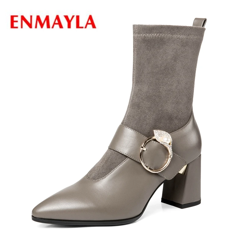 

ENMAYLA Winter Boots Women Bella Hadid Slip-On Ankle Genuine Leather Pointed Toe Booties 2018 Woman Size 34-42 ZYL1412